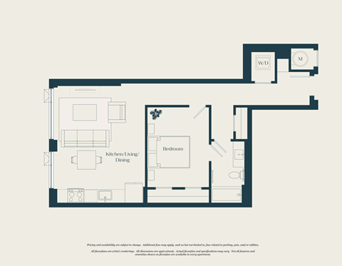 Floor plan for 1 bed, 1 bath, 692 sqft
